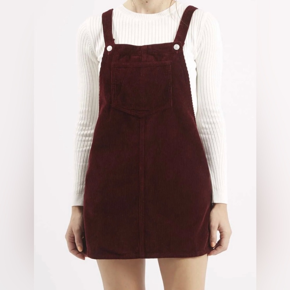 Topshop Women’s TALL Moto Burgundy Corduroy Mini Dress Overalls Size 2